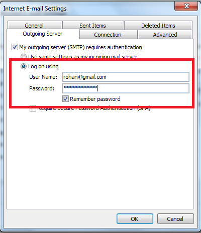 SMTP outgoing server settings in outlook