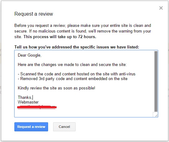 Example message for Google review in webmaster